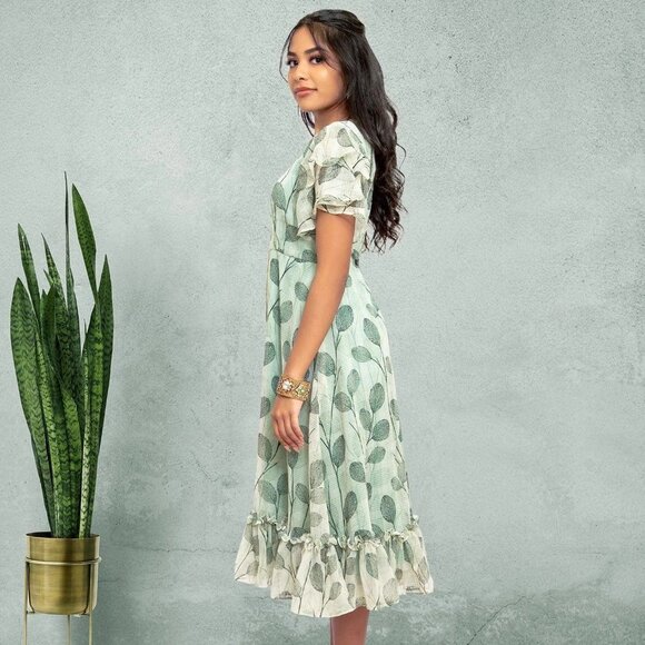 Green and White Printed Dress | Harmony Hues | Muvvas Boutique - Picture 5 of 10